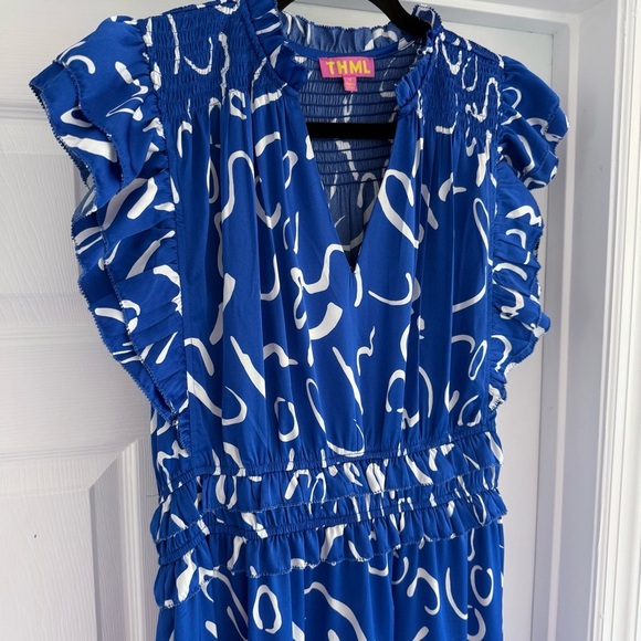 THML Serpentine Sway Satin Blue White Maxi Dress M - Picture 6 of 11